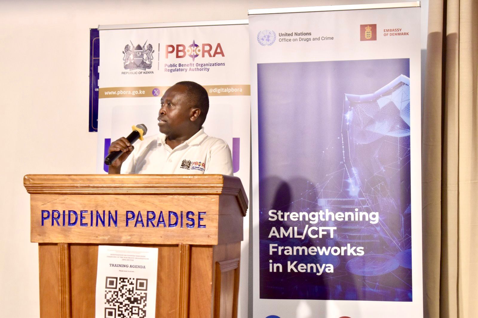 Mr. Richard Chesos, Manager Corporate Communication, at the Public Benefit Organizations Regulatory Authority speaking at Prideinn Paradise Hotel during the PBOs sensitization workshop on AML/CFT in Mombasa.