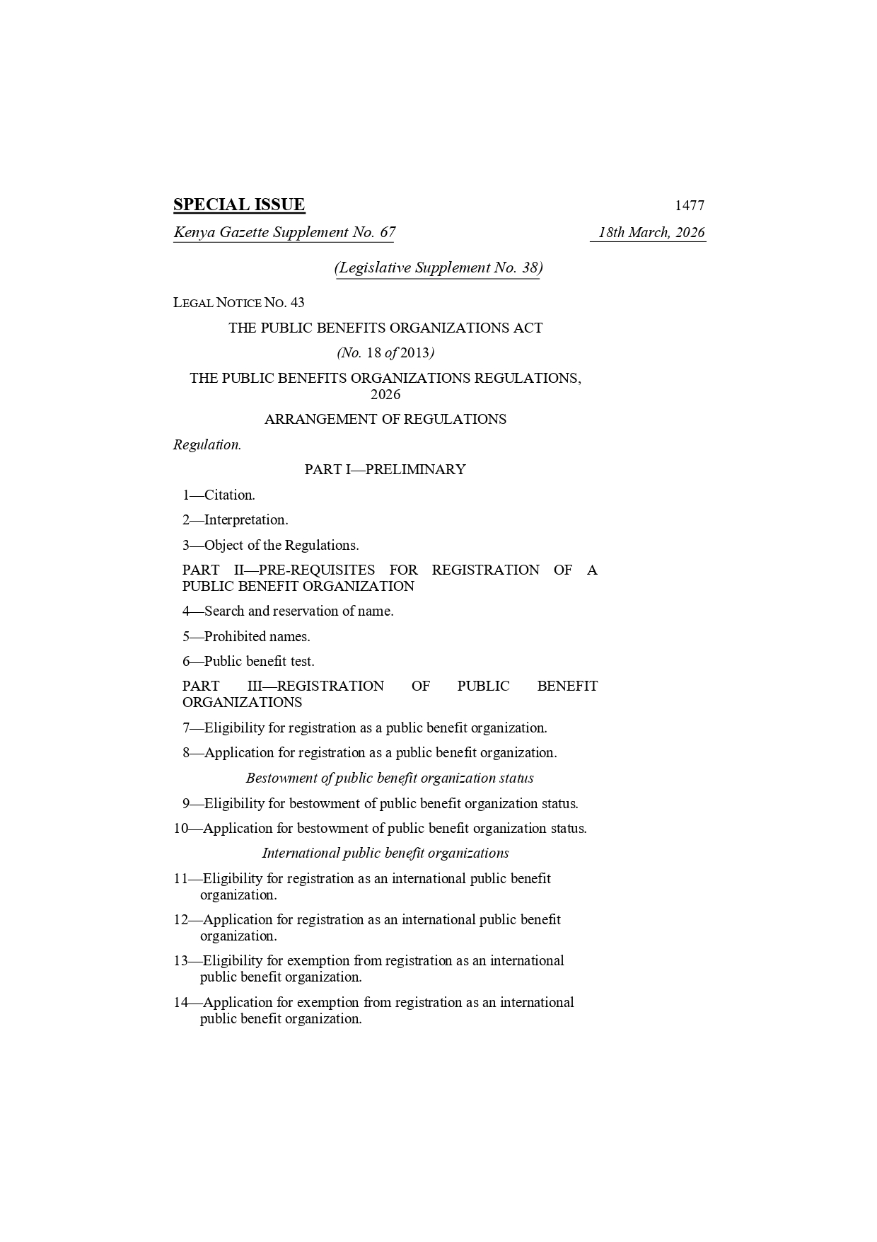 Kenya Gazette Notice on the PBO Regulations, 2026