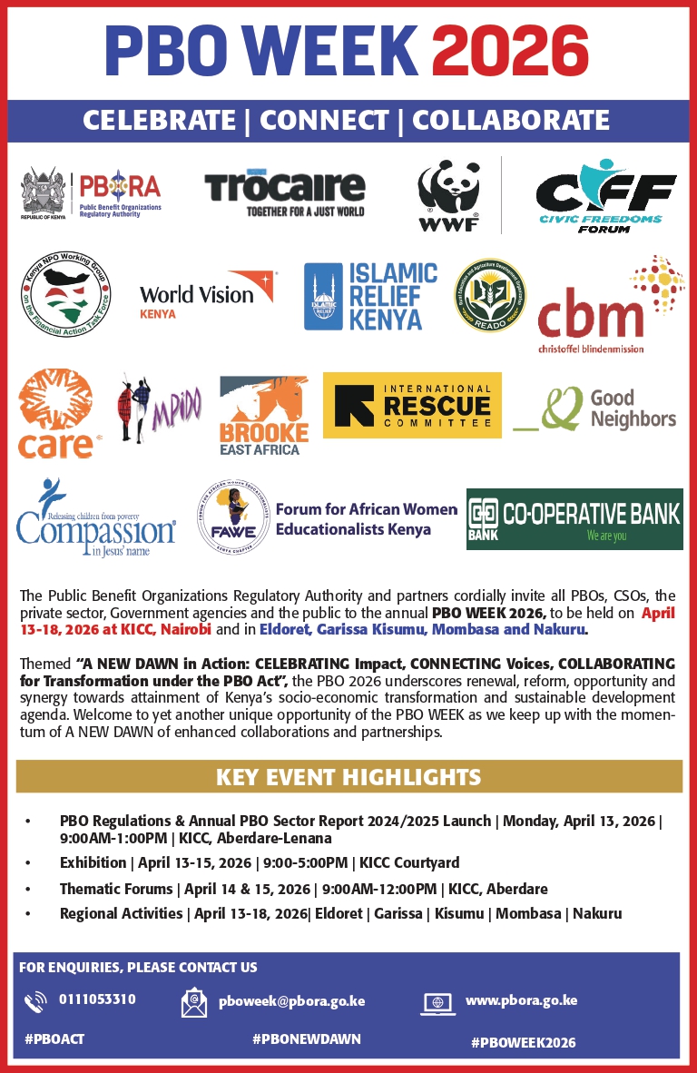 A poster advert by PBORA and several partners inviting stakeholders to the PBO Week 2026. It will be held from 13th to 18th April, 2026 at the KICC and in regional hubs in Eldoret, Garissa, Kisumu, Mombasa, and Nakuru.
