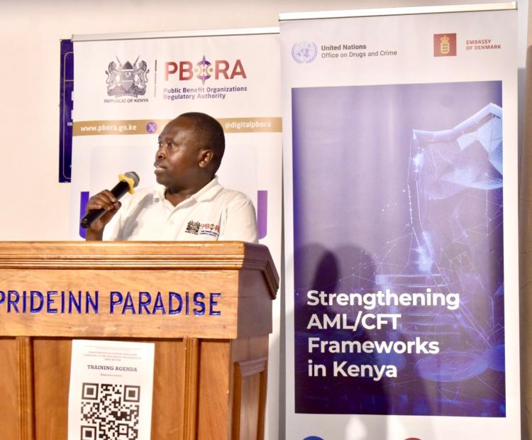 Mr. Richard Chesos, Manager Corporate Communication, at the Public Benefit Organizations Regulatory Authority speaking at Prideinn Paradise Hotel during the PBOs sensitization workshop on AML/CFT in Mombasa.