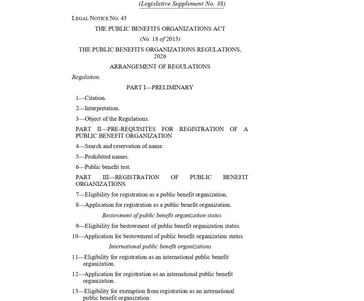 Kenya Gazette Notice on the PBO Regulations, 2026