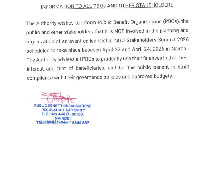 A public notice by PBORA to PBOs and the general public disassociating itself from the Global NGO Stakeholders Summit 2026 scheduled to take place between April 22 and April 24, 2026 in Nairobi.