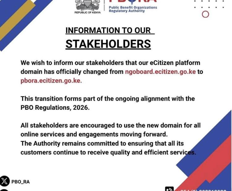 Public Notice notifying the public on the change of PBORA eCitizen domain from ngoboard.ecitizen.go.ke to pbora.ecitizen.go.ke