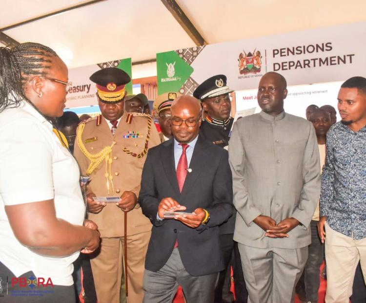 Interior PS Dr Raymond Omollo tours PBORA booth at Eldoret National Polytechnic, Eldoret, Uasin Gishu County, during the State corporations exhibitions ahead of the 2026 Mashujaa Day celebrations.