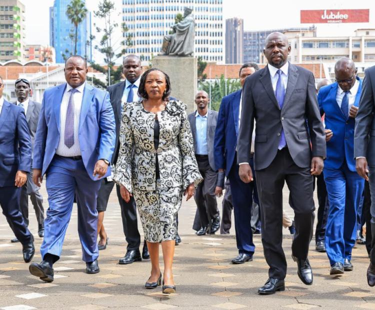 First Lady H.E. Mrs. Rachel Ruto arriving at the KICC for the launch of PBO Week 2026. She is flanked by PBORA Board Chairman Hon. Mwambu Mabonga (on her right) and Interior CS Hon. Kipchumba Murkomen (on her left).